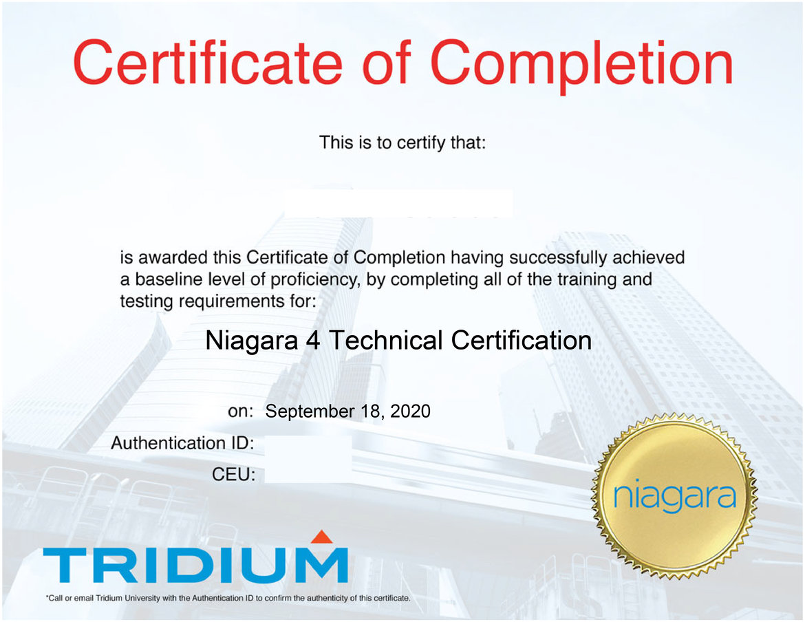 Certification of Completion for the Niagara 4 Technical Certification