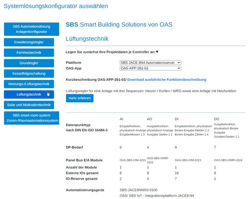 Der OAS Anlagenkonfigurator für Lüftungstechnik. Ausgewählt ist die Applikation OAS-APP-261-01. Der OAS Anlagenkonfigurator für Lüftungstechnik. Ausgewählt ist die Applikation OAS-APP-261-01.